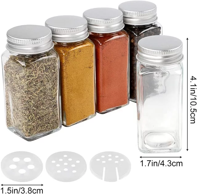 CycleMore 30 Pack 4oz Glass Spice Jars Bottles, Square Spice Containers  with Silver Metal Caps and Pour/Sift Shaker Lid-80pcs Black Labels,1pcs