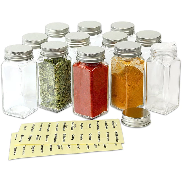 14 Pcs Glass Spice Jars, 4oz Empty Square Spice Bottles With Shaker Lids  and Airtight Metal Caps 350 Spice Labels and Silicone Collap 